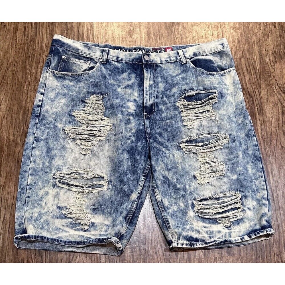 Lion Dynasty Denim Shorts Men’s 50 Slim Acid Wash Distressed Street Wear Hip-hop